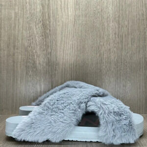TOMS Slippers Womens Size 8 Susie Eva Faux Fur Criss Cross Slip On Slide Gray